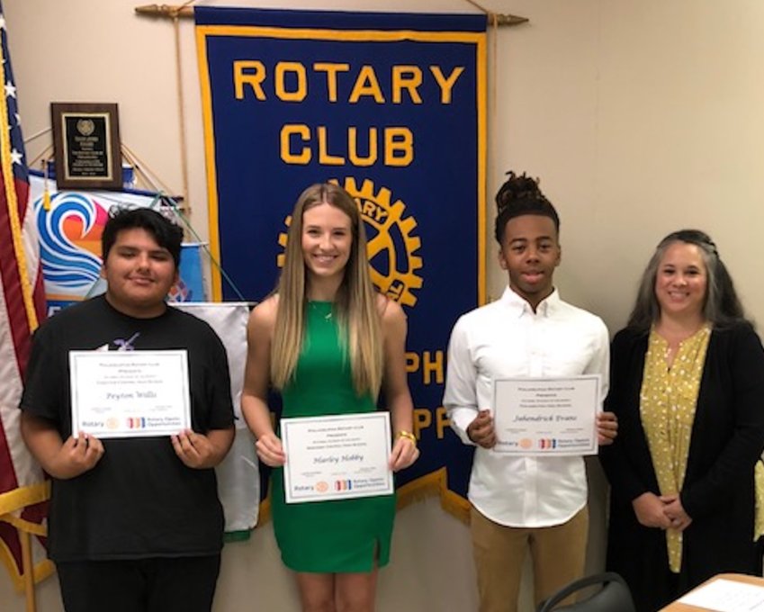 From left are, Peyton Willis, Choctaw Central High School; Harley Hobby, Neshoba Central High School; and Jahendrick Evans, Philadelphia High School. At right is Tammye Jones, student of the month coordinator.